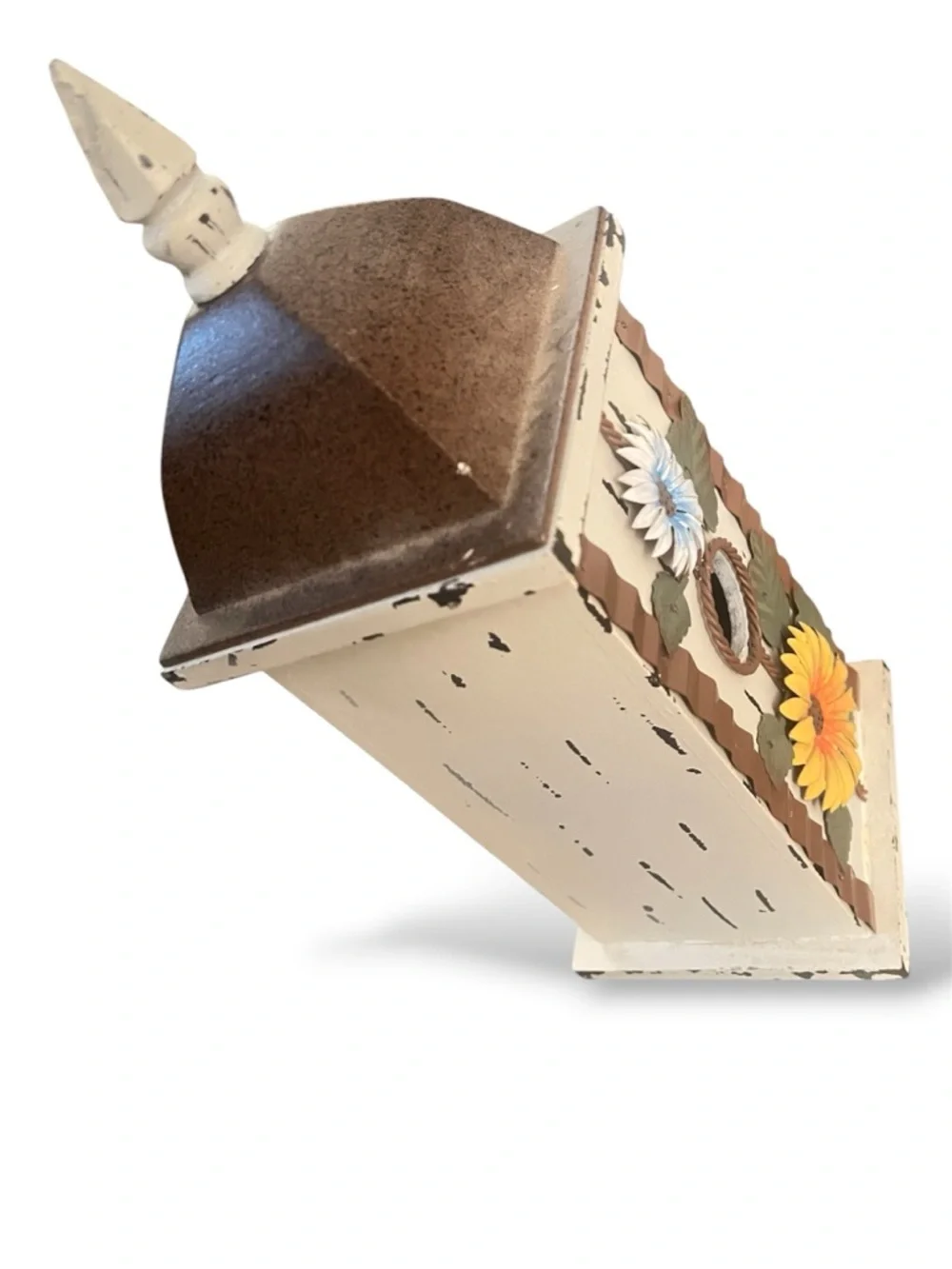 Decorative White and Brown Hollow Floral Birdhouse with Yellow and Blue Accents